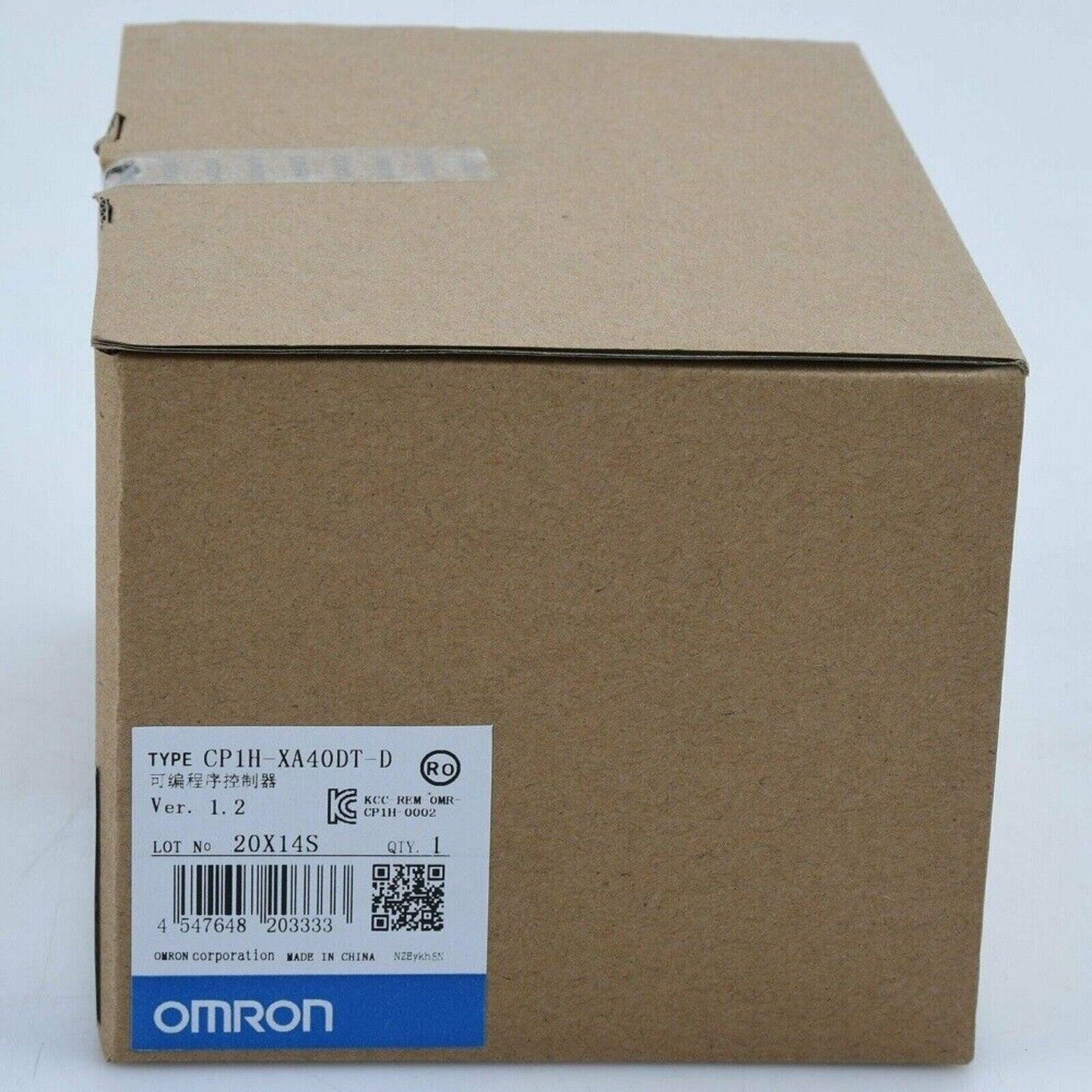 Omron CP1H-XA40DT-D PLC Module box, product shot, side view, brown cardboard packaging