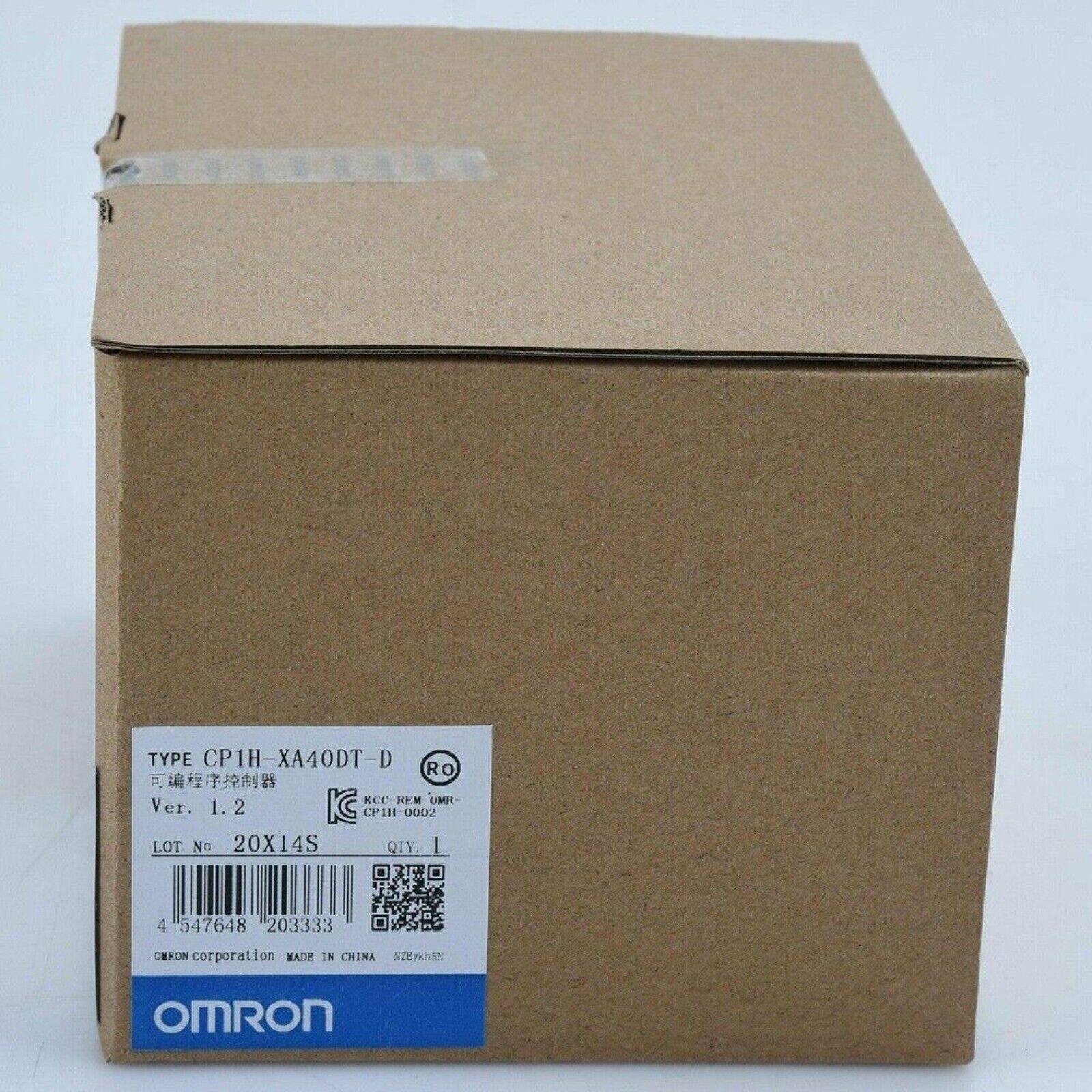 Omron CP1H-XA40DT-D PLC Module box, product shot, side view, brown cardboard packaging