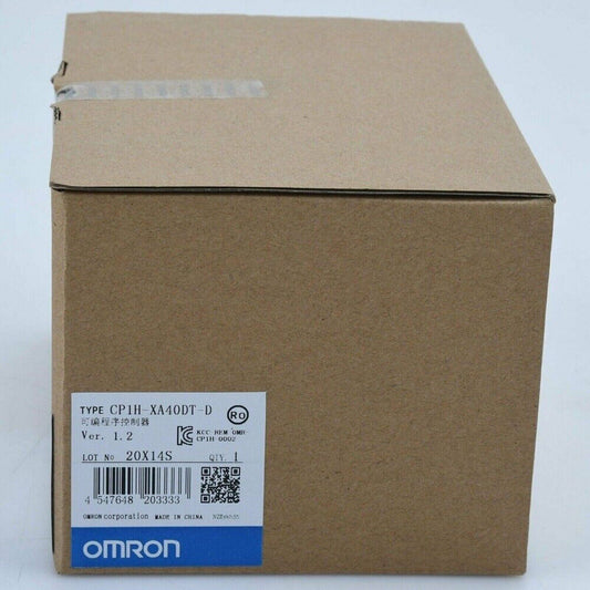 Omron CP1H-XA40DT-D PLC Module box, product shot, side view, brown cardboard packaging