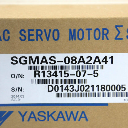Yaskawa SGMAS-08A2A41 AC Servo Motor label, automation component. Includes model & serial numbers and Yaskawa logo.
