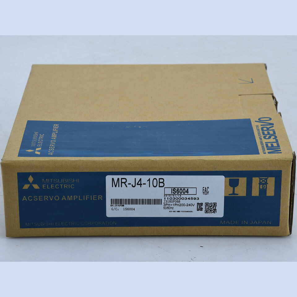 Mitsubishi MR-J4-10B servo drive in its original packaging, labeled with product details.