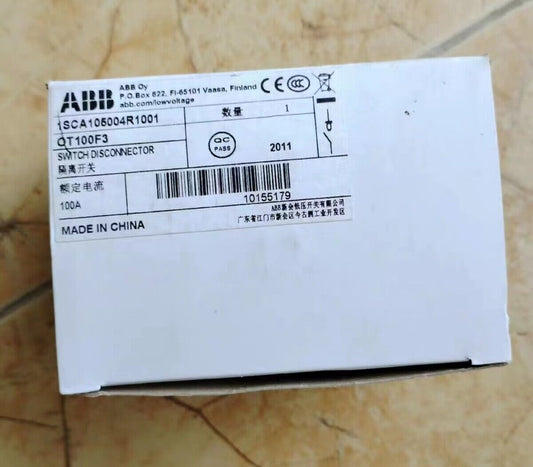 ABB OT100F3 switch disconnector 3P 100A product box, featuring product details and specifications.
