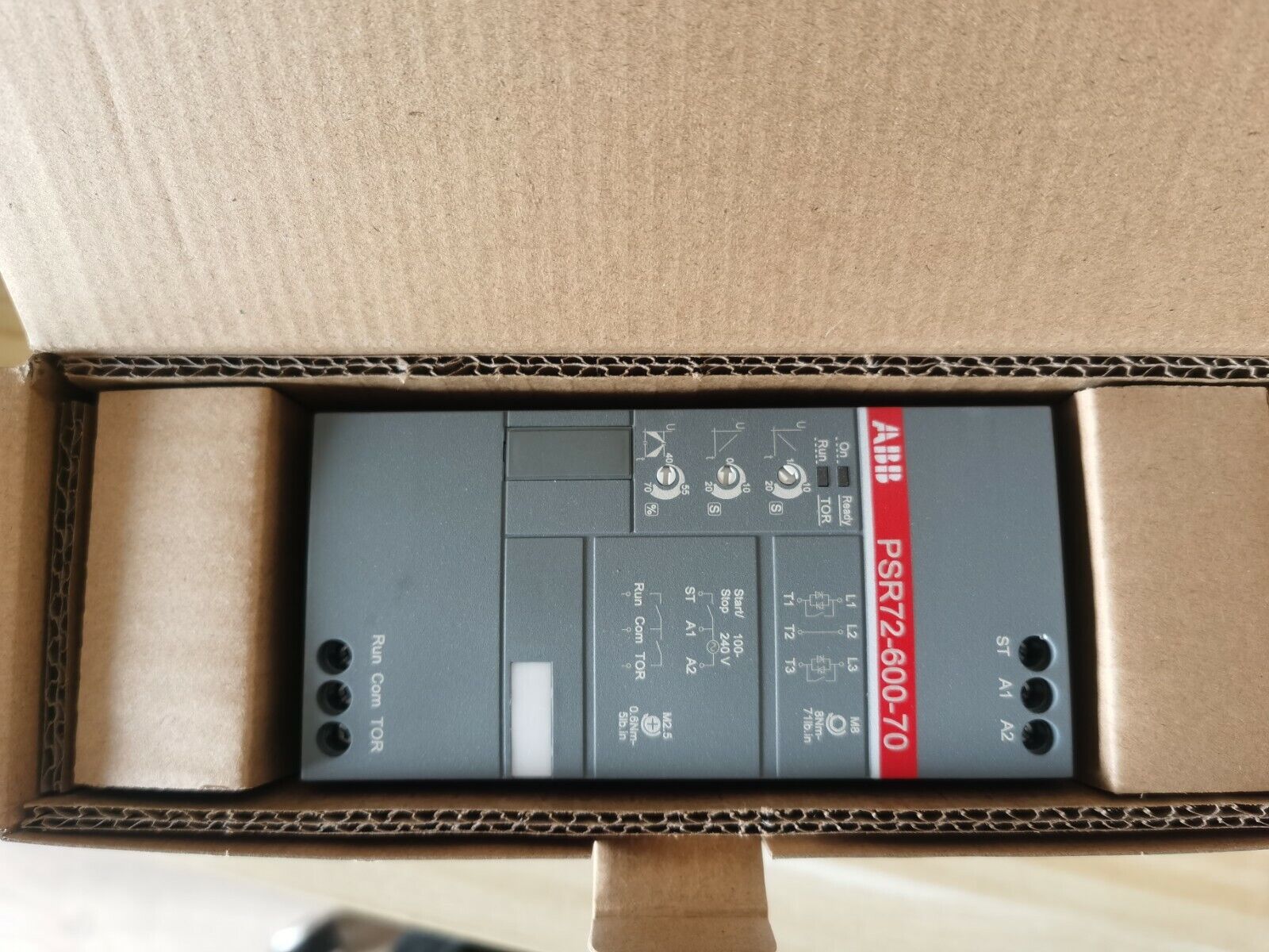 ABB PSR72-600-70 soft starter in box. Industrial automation component for PLC systems, suitable for automation projects.