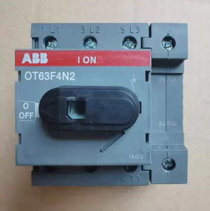 ABB OT63F4N2 switch disconnector, gray and red, with ON/OFF switch.