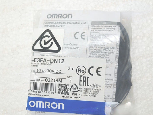 OMRON E3FA-DN12 photoelectric sensor packaging, 10-30V DC, industrial automation part.