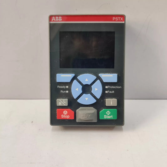 ABB PSTX control panel. PLC module with buttons for Ready, Run, Stop, Start, Protection and Fault.