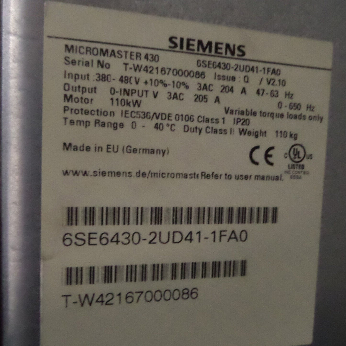 Siemens MICROMASTER 430 frequency converter label, model 6SE6430-2UD41-1FA0, industrial automation part