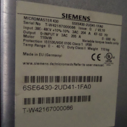 Siemens MICROMASTER 430 frequency converter label, model 6SE6430-2UD41-1FA0, industrial automation part