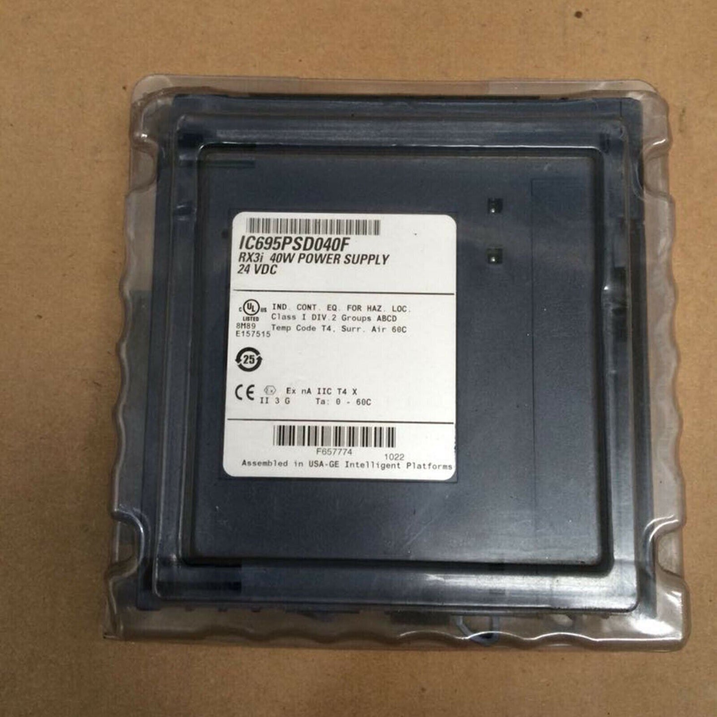 Fanuc IC695PSD040F power supply module, 40W, 24VDC, in protective packaging, for industrial automation.