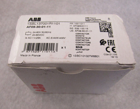 ABB 1SBL137001R1101 Contactor Relay AF09-30-01-11 product packaging, Made in France, industrial automation part