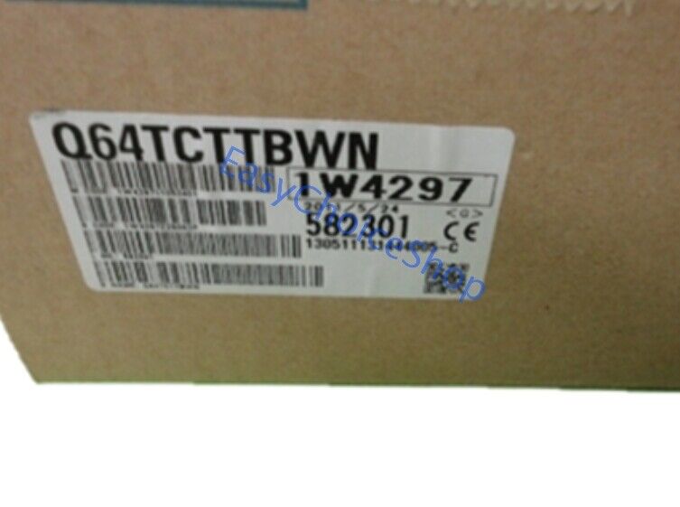 Mitsubishi Q64TCTTBWN Temperature Control Module product label, model information, and bar codes on a cardboard box.