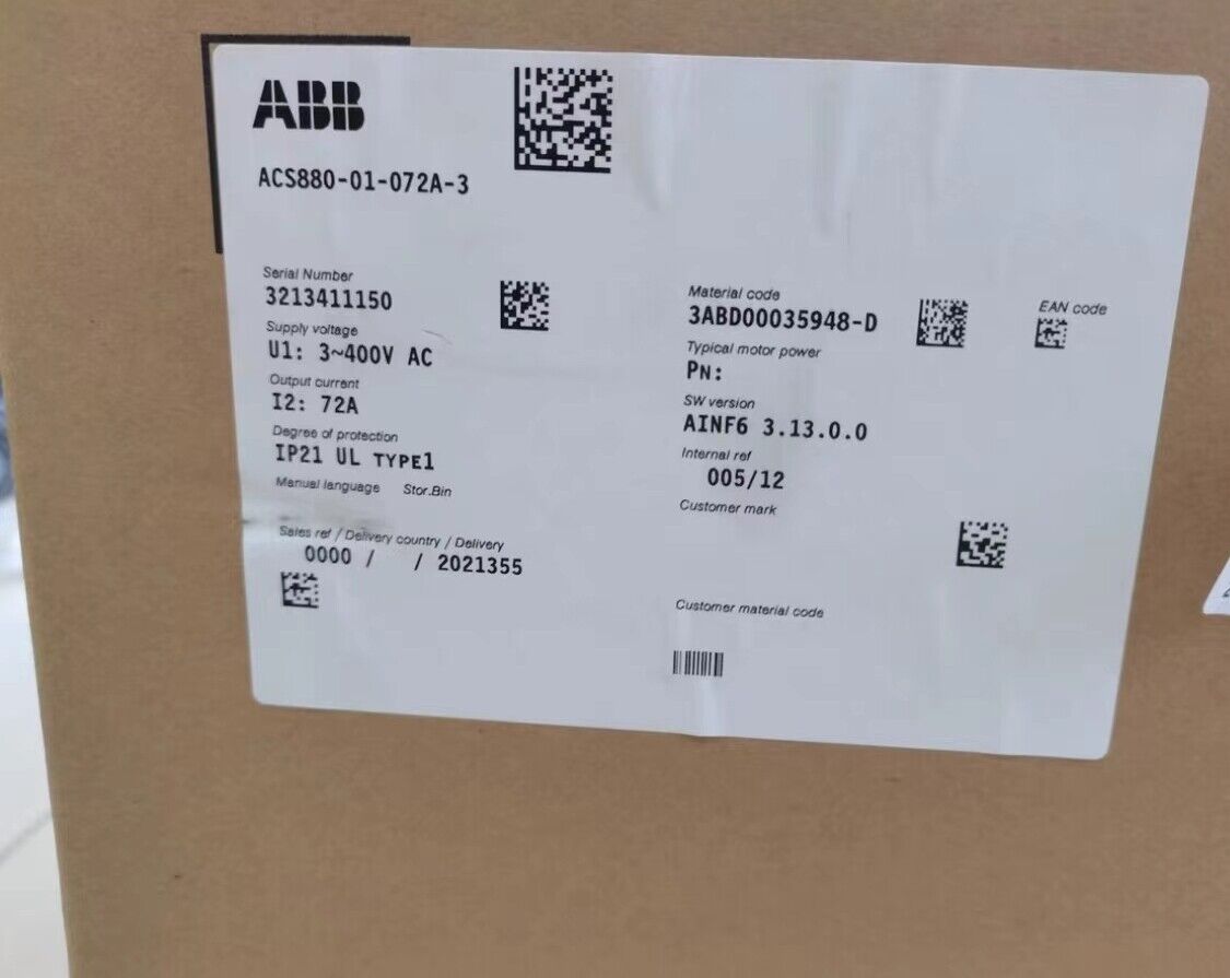 ABB ACS880-01-072A-3 frequency converter label with specifications: 3~400V AC, 72A, IP21, including serial and material codes