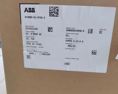ABB ACS880-01-072A-3 frequency converter label with specifications: 3~400V AC, 72A, IP21, including serial and material codes