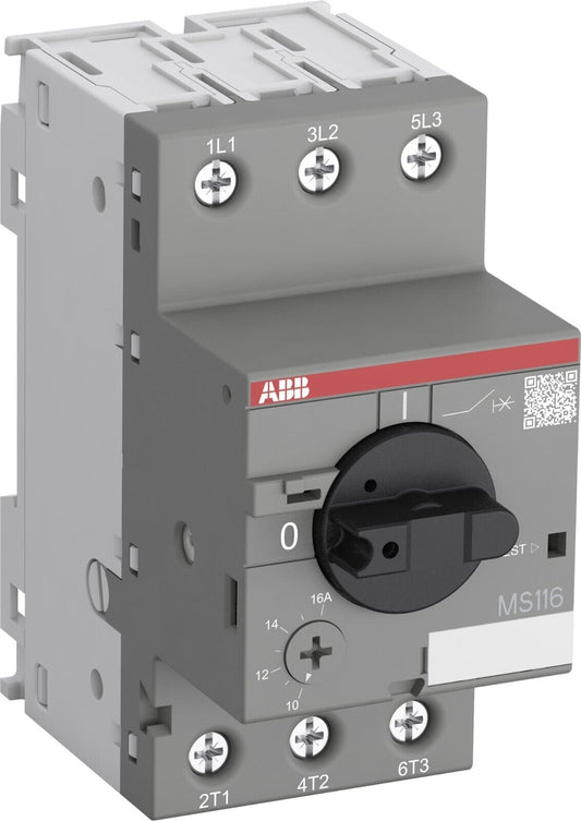 ABB MS116-2.5 manual motor starter. Grey and black design, ABB logo and MS116 model visible. Industrial automation product.