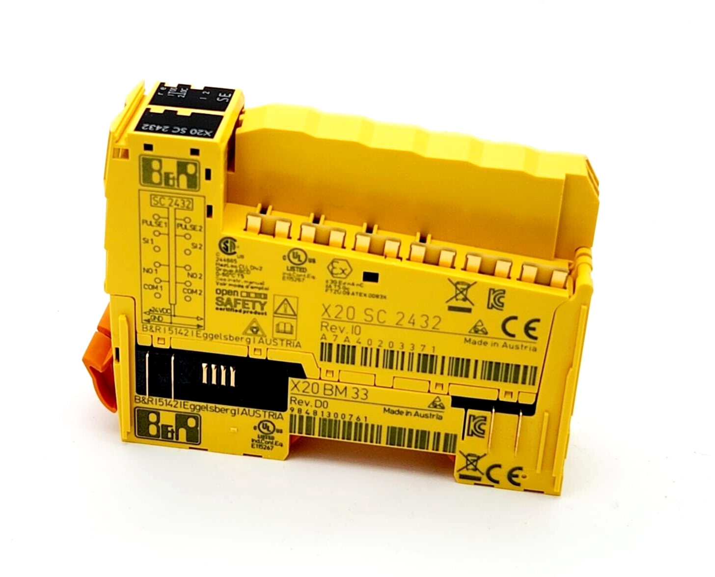 B&R X20SC2432 I/O module, yellow housing, industrial automation part, Made in Austria