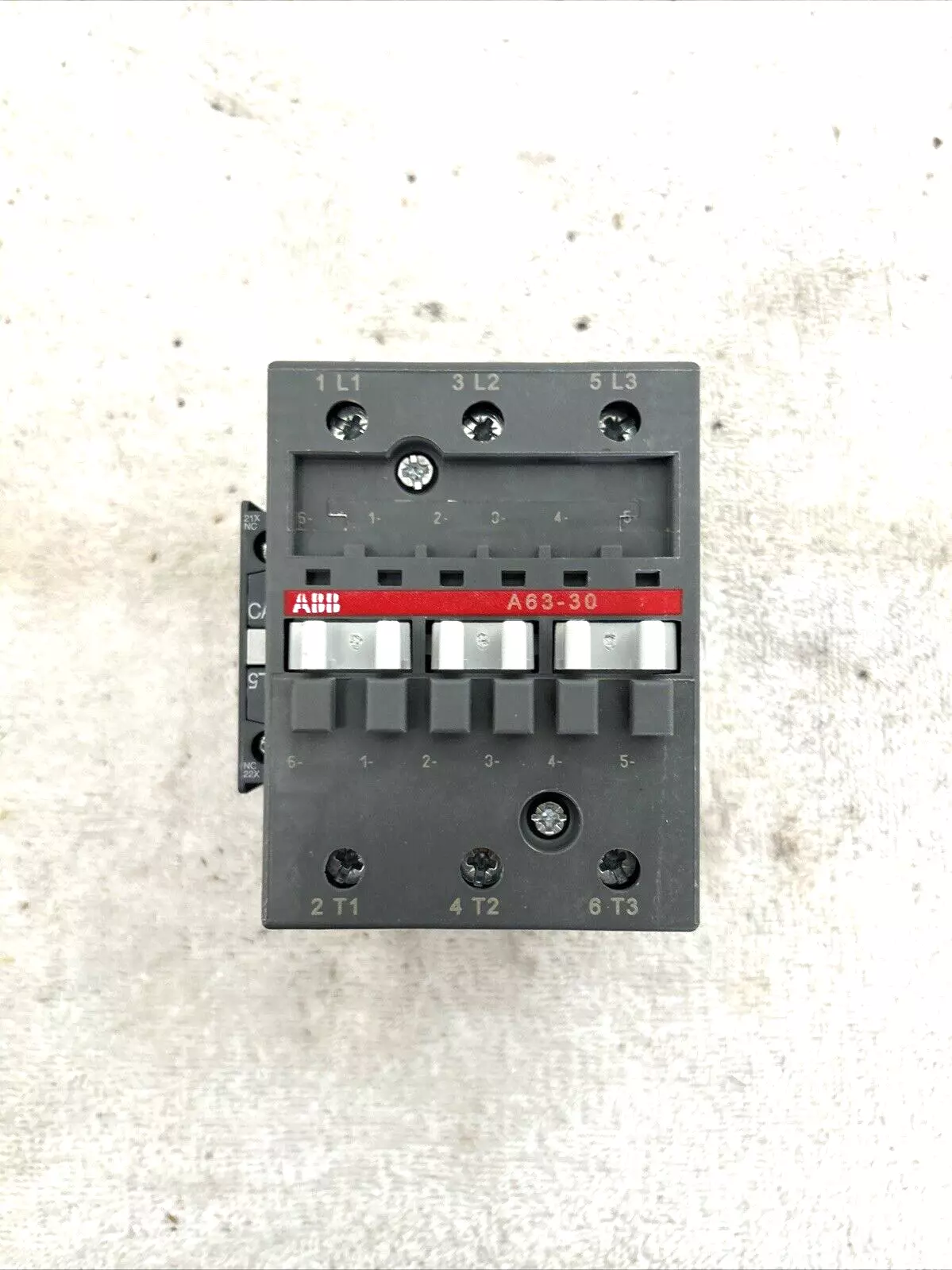 ABB A63-30 Contactor 220VAC, industrial automation part, gray and red.