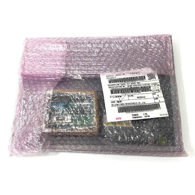 FANUC A02B-0281-C126#TBE Key Board wrapped in protective packaging, with product details from Beijing-Fanuc Mechatronics.