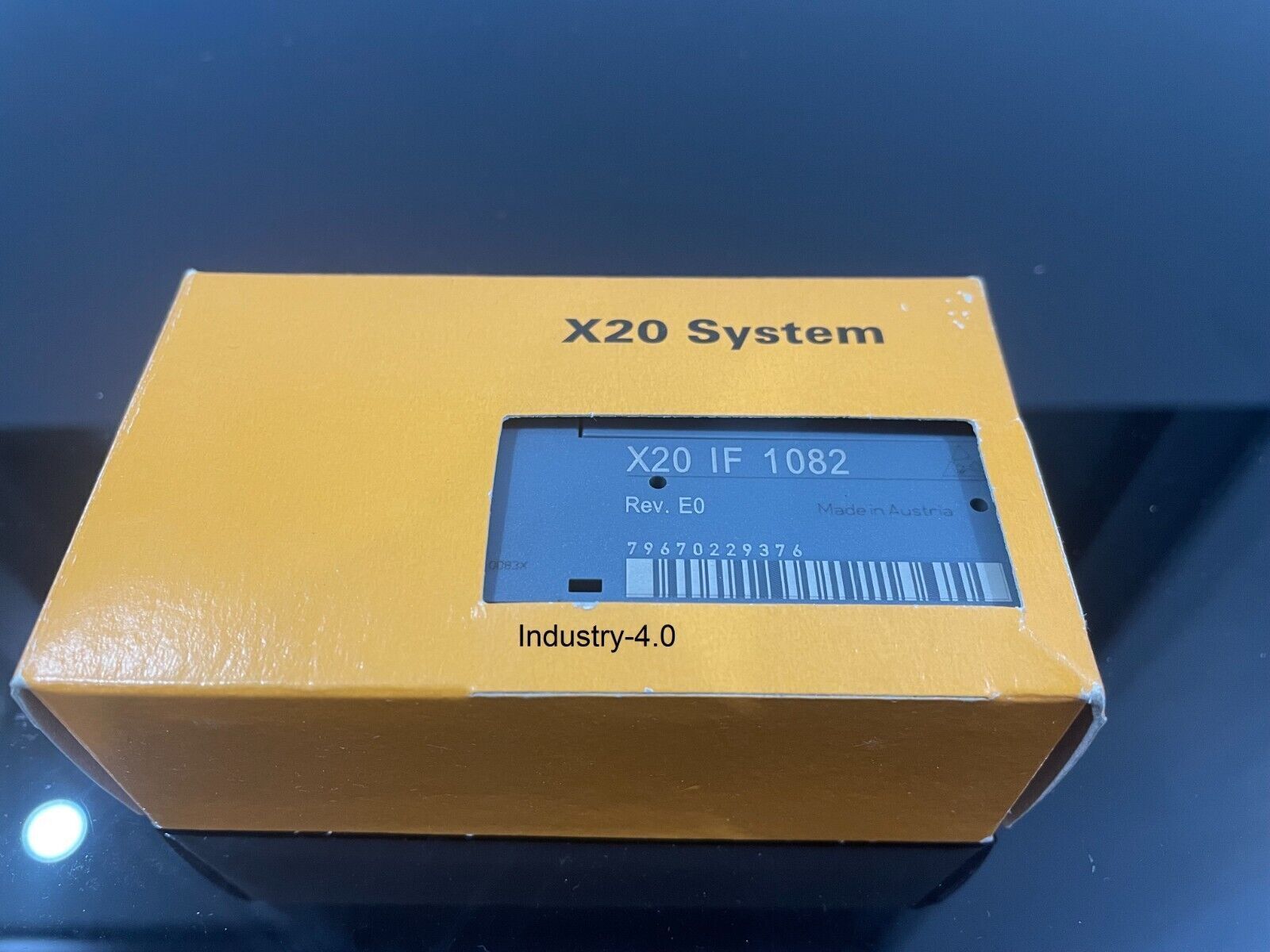 B&R X20 IF 1082 Interface Module, yellow box with product details. Industry 4.0 technology for industrial automation.