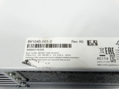 B&R 8V1045.001-2 Servo Drive Label - Industrial automation component, showing specifications and certifications