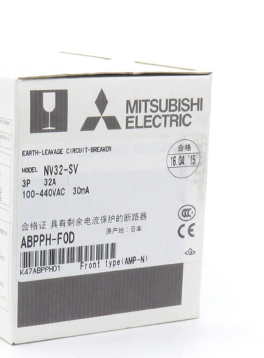 Mitsubishi NV32-SV 3P 32A earth leakage circuit breaker for industrial automation.