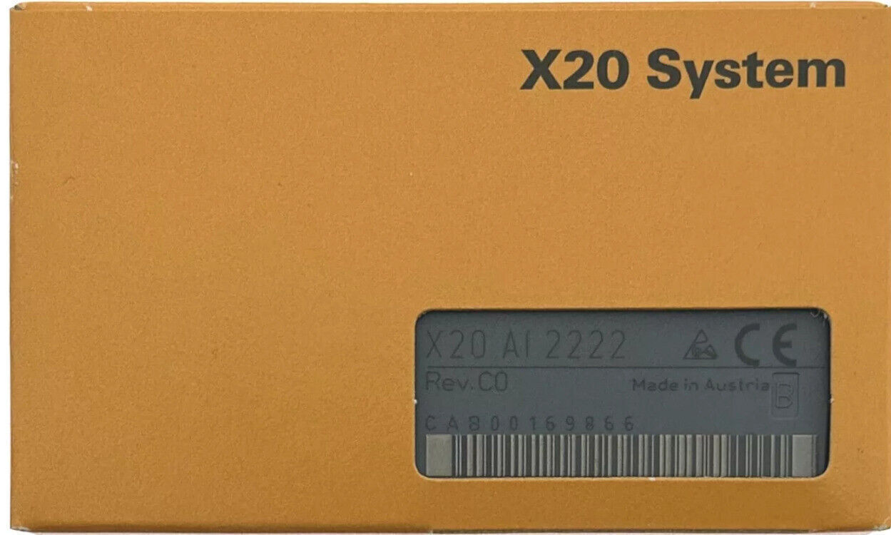 B&R X20AI2222 PLC module packaging, orange box with product details. Industrial automation parts from Austria.