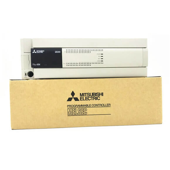 Mitsubishi FX3U-80MR-DS PLC module on box, industrial automation equipment