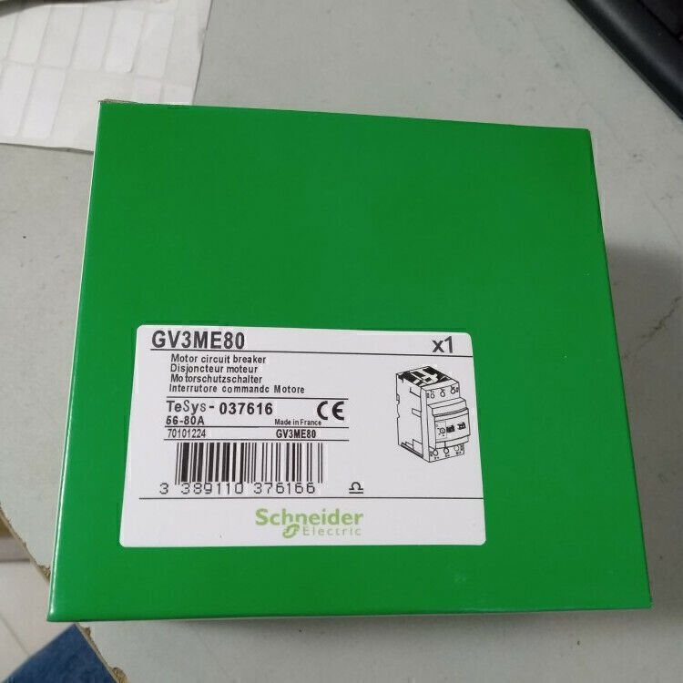 Schneider Electric GV3ME80 motor circuit breaker product packaging, green box with product details label, 56-80A