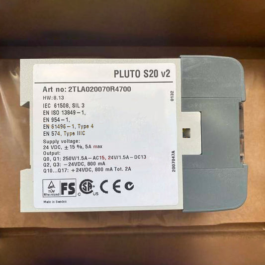 ABB PLUTO S20 V2 safety controller with specifications: Art no 2TLA020070R4700, 24VDC input, safety relay