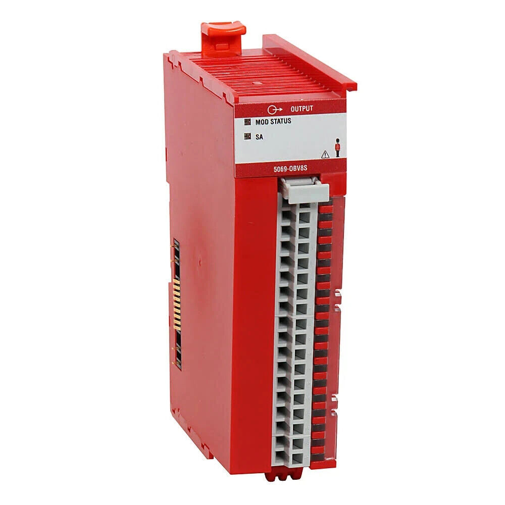 Allen-Bradley 5069-OBV8S Compact I/O 8-Ch Safety Output Module, red casing with output status indicators.