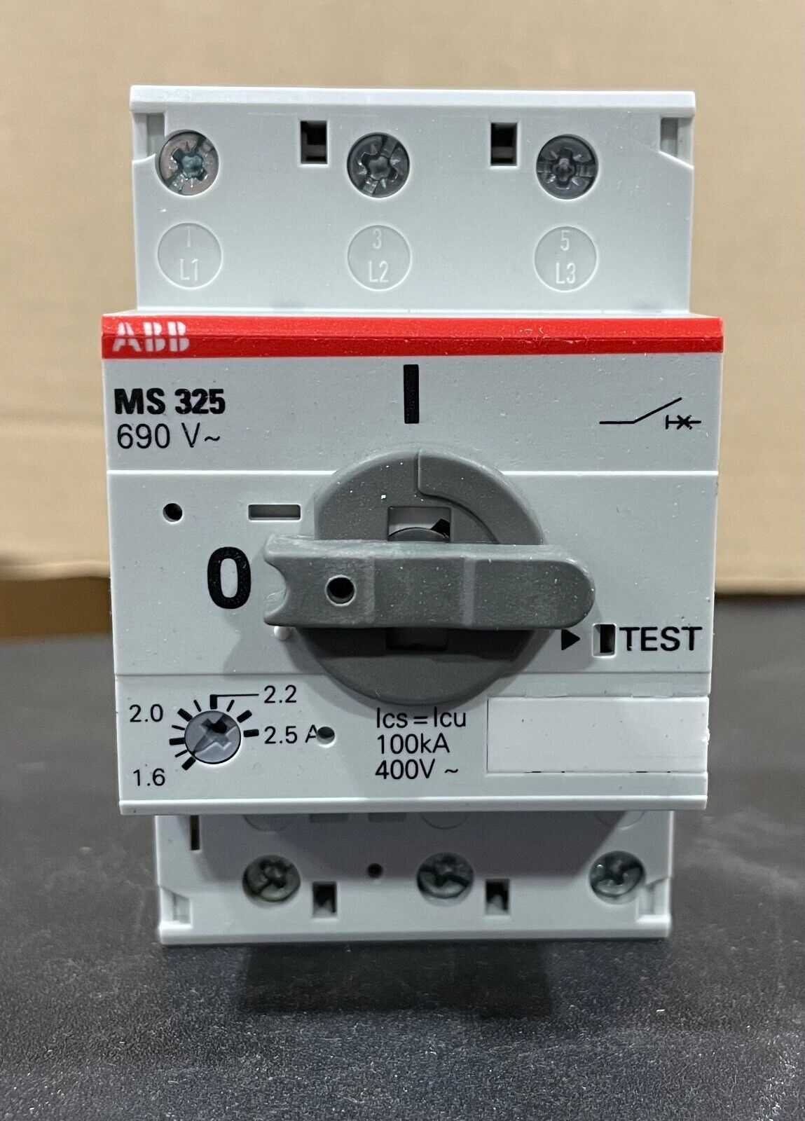 ABB MS325 Circuit Breaker, grey and red with adjustable amperage, 1.6-2.5A. Industrial automation part.