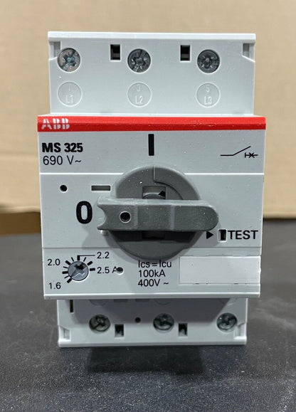 ABB MS325 Circuit Breaker, grey and red with adjustable amperage, 1.6-2.5A. Industrial automation part.