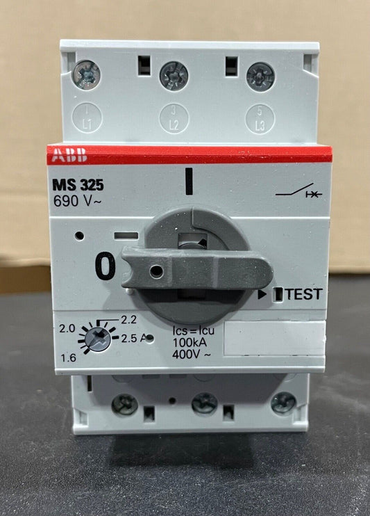 ABB MS325 Circuit Breaker, grey and red with adjustable amperage, 1.6-2.5A. Industrial automation part.
