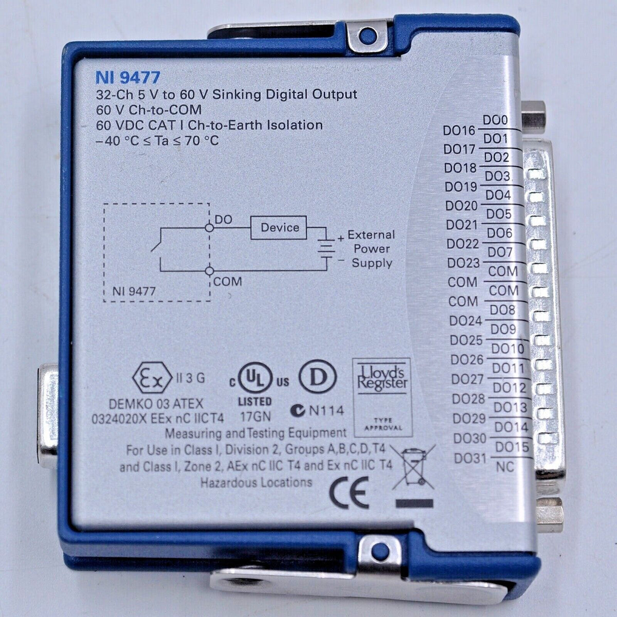 NI 9477 Digital Output Module by National Instruments, industrial automation part with specifications and connectors.