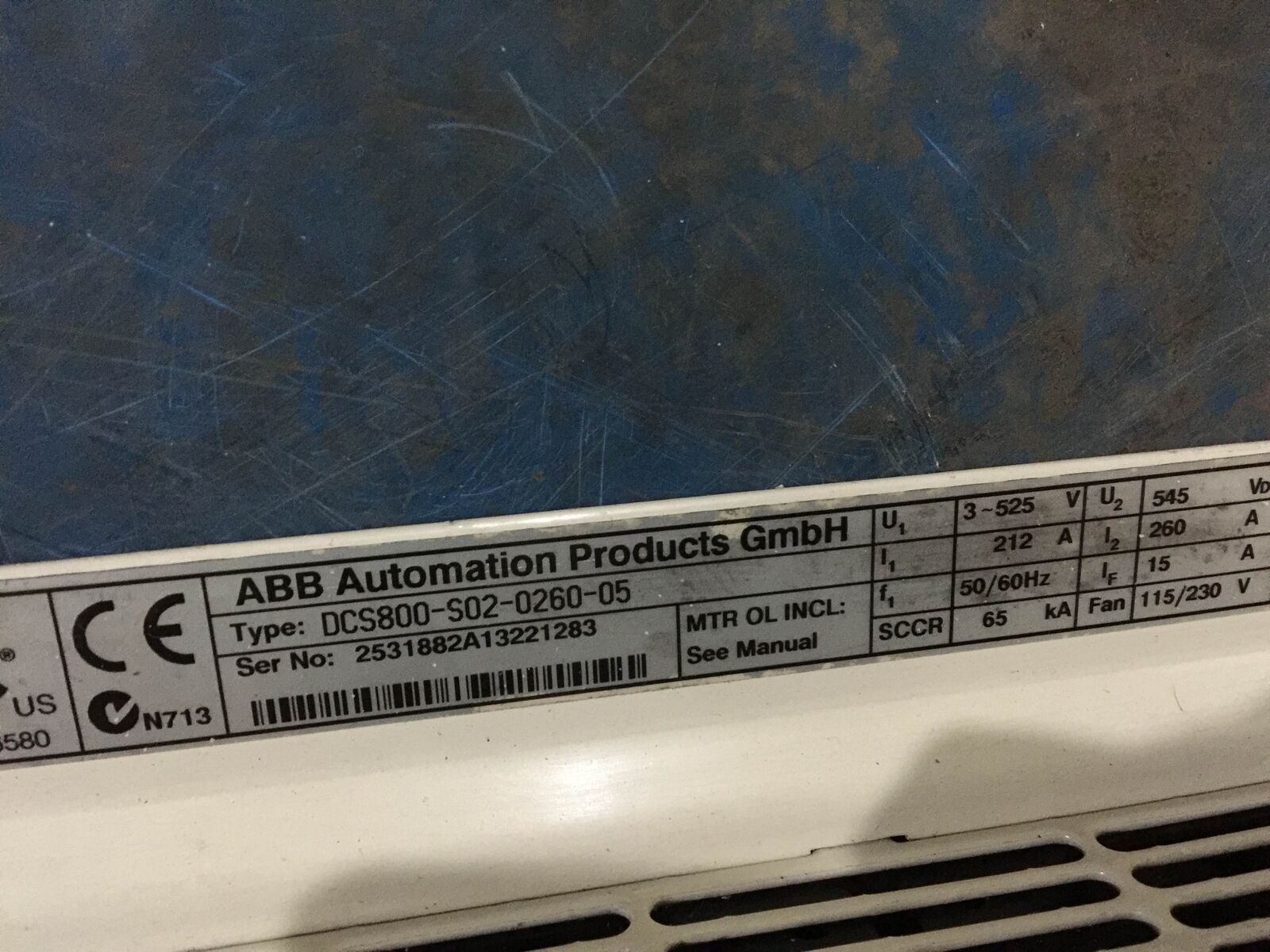 ABB DCS800-S02-0260-05 PLC label detail, including model number and specifications.