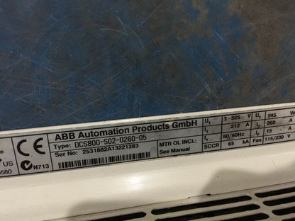 ABB DCS800-S02-0260-05 PLC label detail, including model number and specifications.