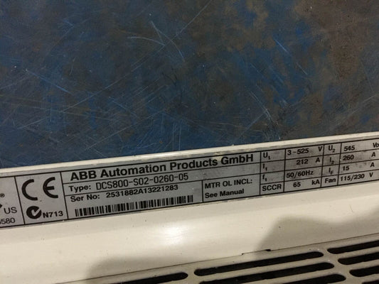ABB DCS800-S02-0260-05 PLC label detail, including model number and specifications.
