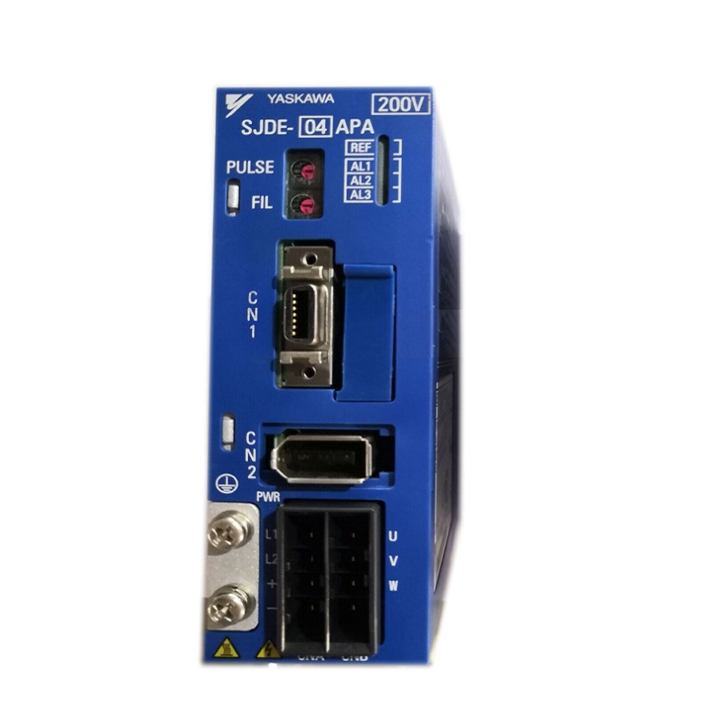 Yaskawa SJDE-04APA Servo Drive Controller, blue industrial automation part with ports and connectors, 200V.