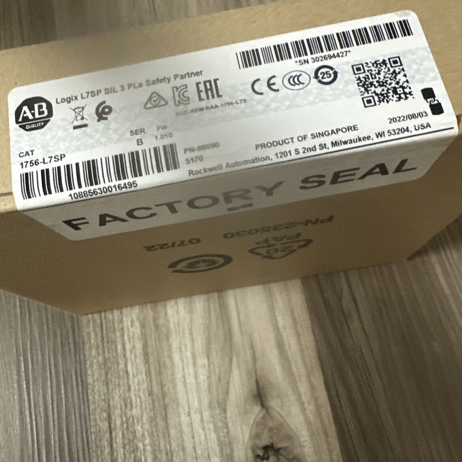 Allen-Bradley 1756-L7SP GuardLogix Safety Partner Controller box, factory sealed, product of Singapore.