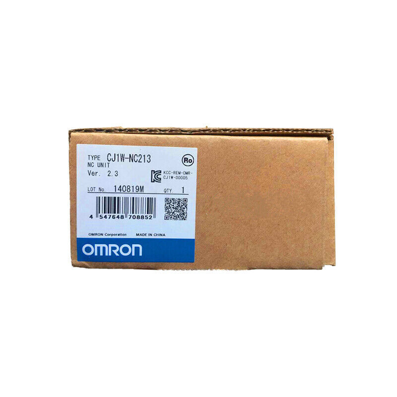Omron CJ1W-NC213 PLC Module in box.  New Omron PLC module CJ1WNC213 for industrial automation.  Includes OMRON logo.