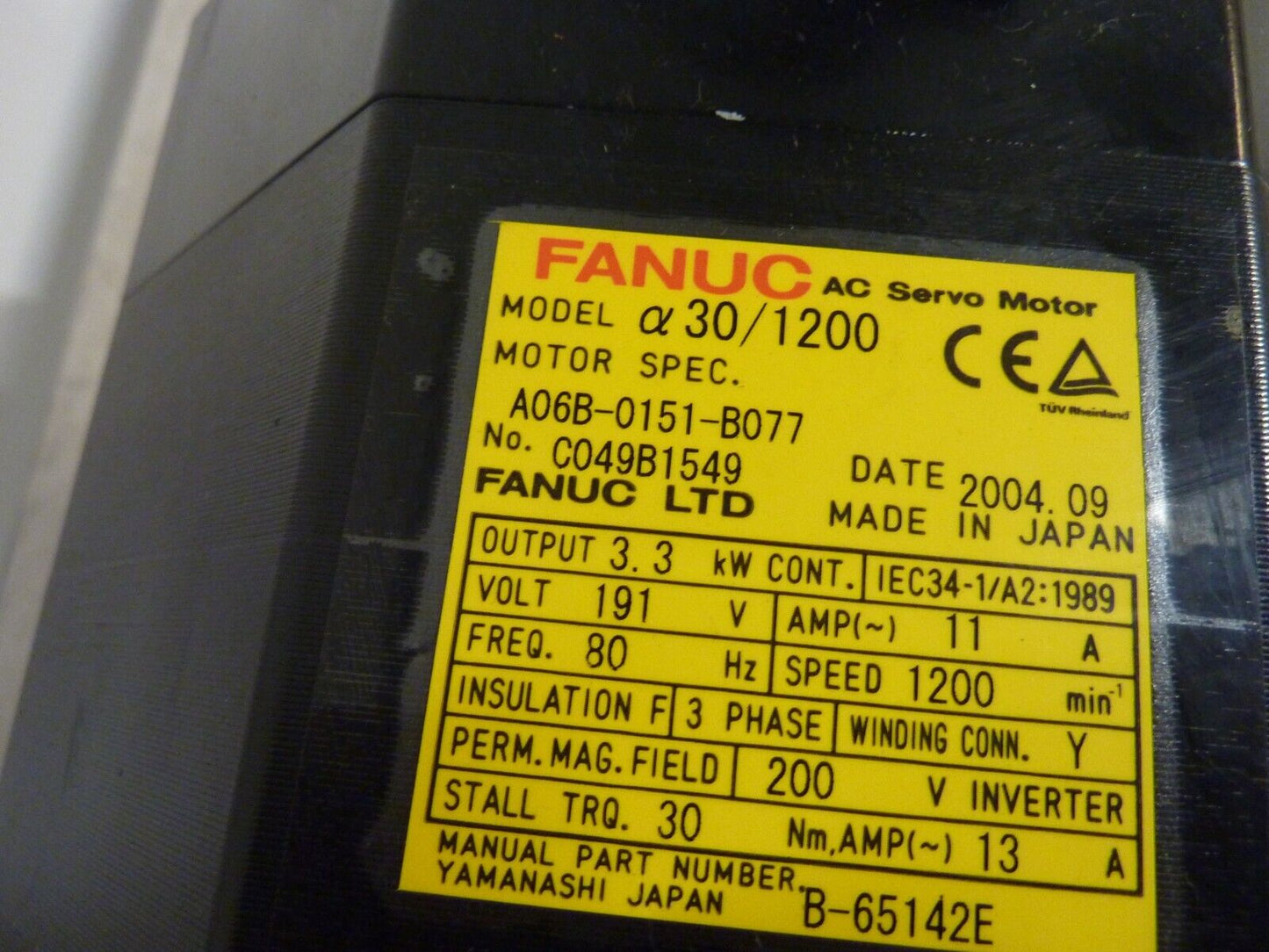 PLC | FANUC | A06B-0151-B077 AC Servo Motor Mod- A30/1200 3,3kW 1200RPM (30158)