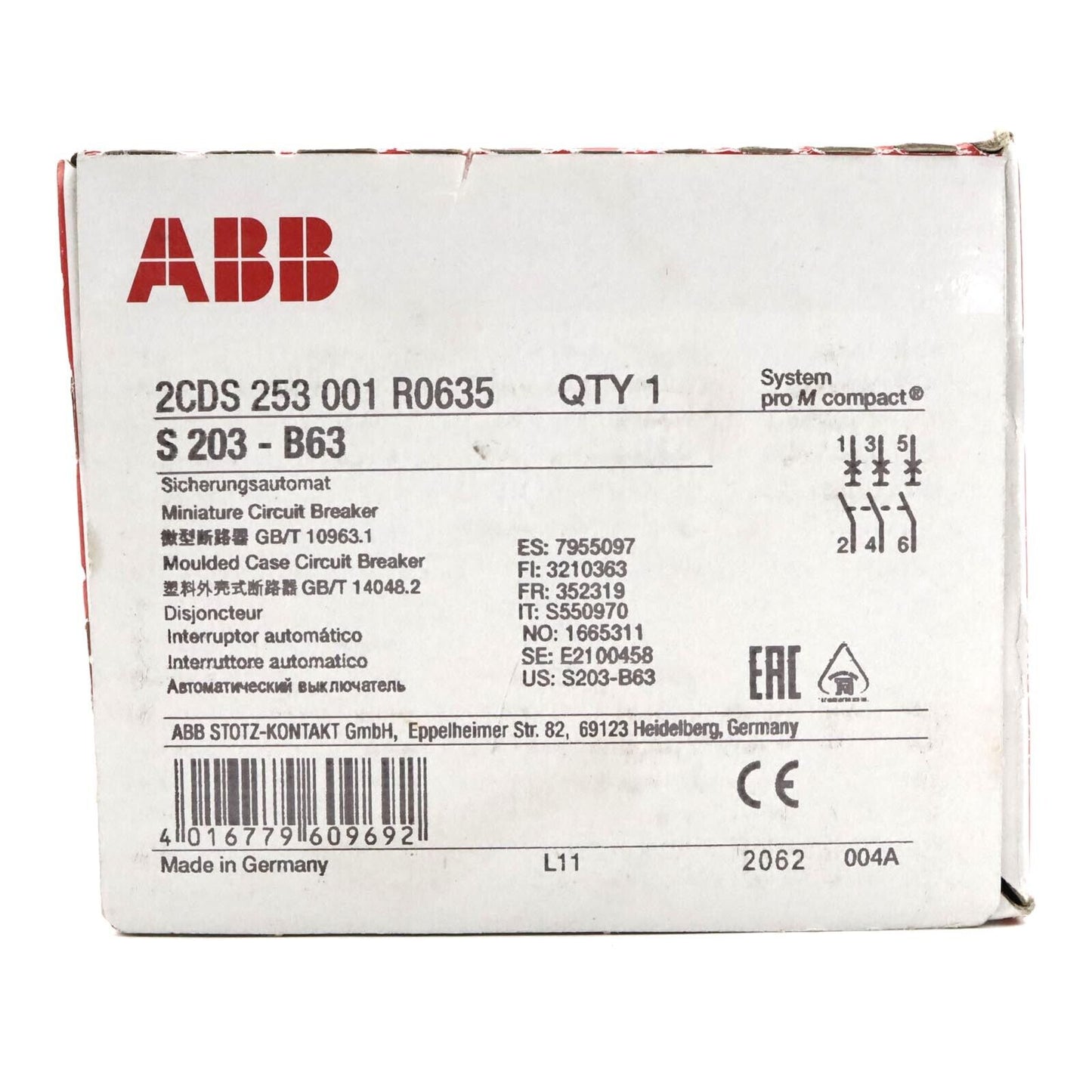 ABB S203-B63 Miniature Circuit Breaker original packaging, industrial automation part, Made in Germany.