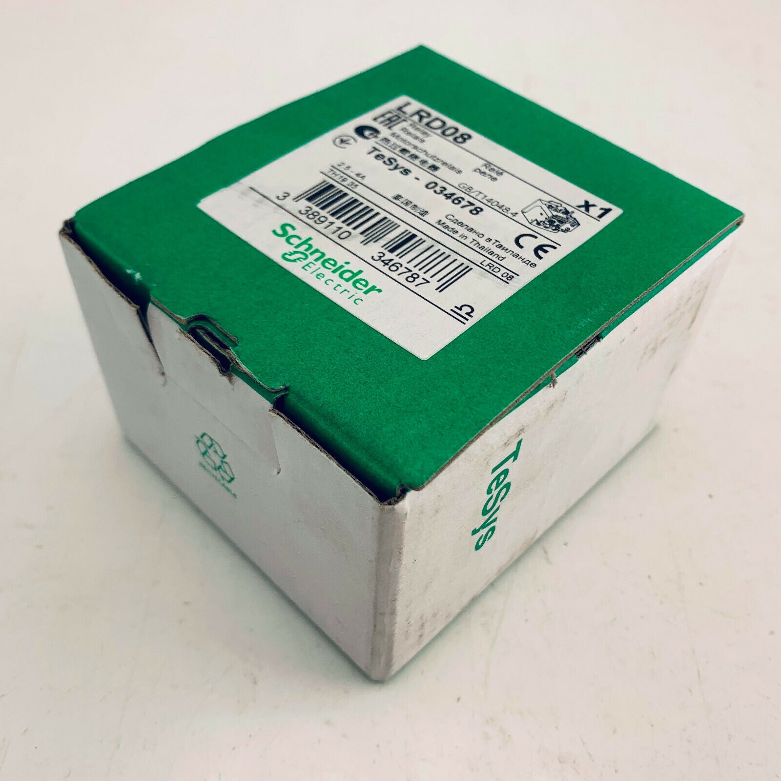 Schneider Electric LRD08 TeSys Deca thermal overload relay box, 2.5-4A, Made in Thailand, product packaging.