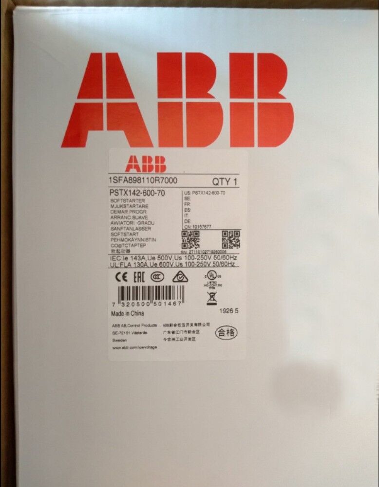 ABB PSTX142-600-70 Soft Starter product packaging, featuring product information and specifications.