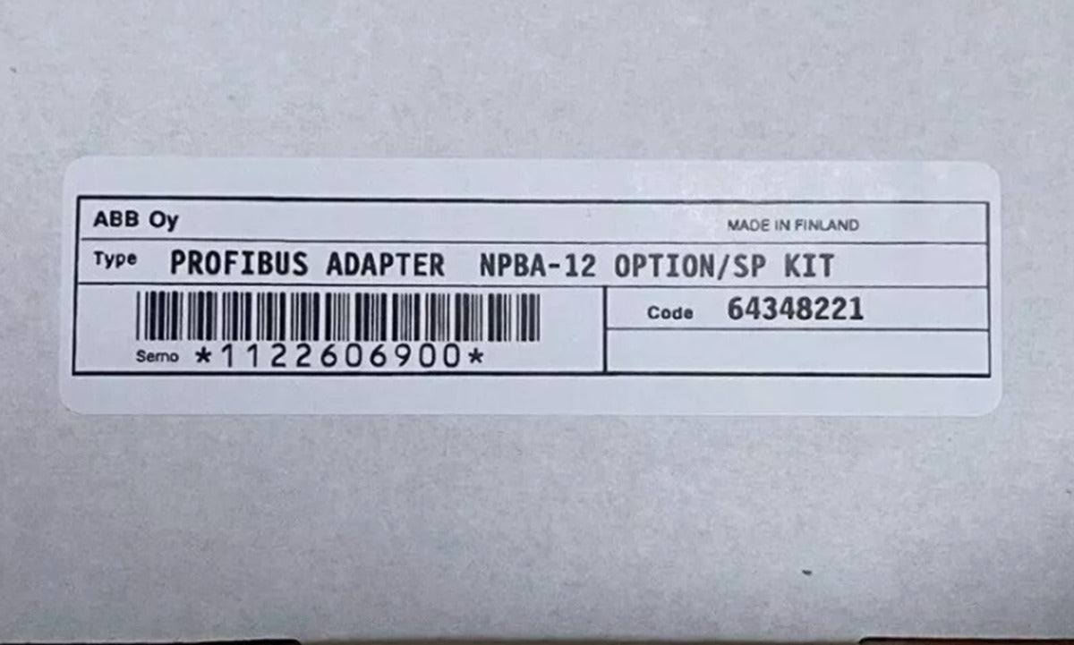 ABB NPBA-12 Profibus Adapter label, Made in Finland, Code 64348221.