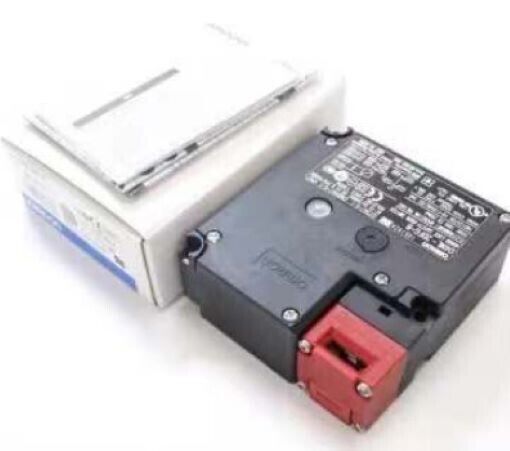 Omron D4NL-2DFA-B PLC Safety Door-Lock Switch. Black and red safety switch with packaging.