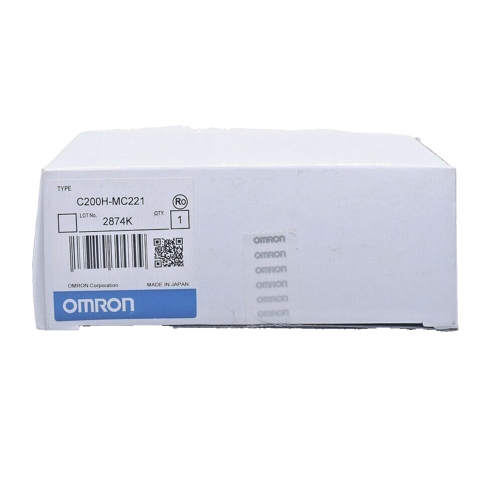 Omron C200H-MC221 PLC Module box, Made in Japan, featuring product details and OMRON logo.