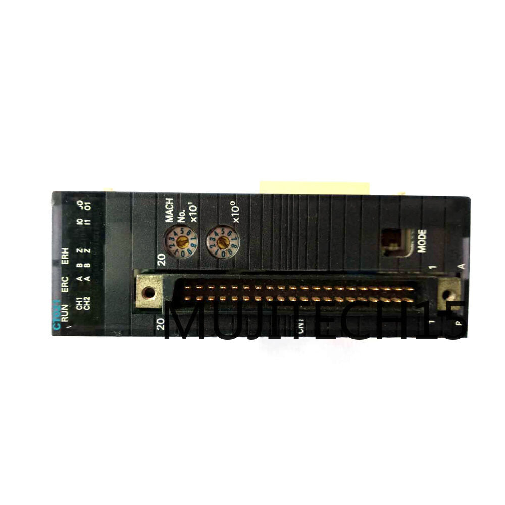 Omron CJ1W-CT021 PLC module showing MACH, MODE indicators, and MUJITECH15 marking.