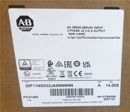 Allen Bradley 20F11ND022JA0NNNNN PowerFlex 753 AC Drive 20F11ND022JA0NNNNN