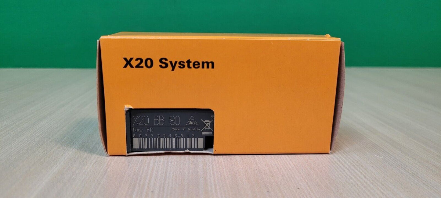 B&R X20 System X20BB80 Module orange box, industrial automation parts, Made in Austria.