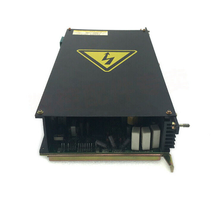 FANUC POWER UNIT A16B-1212-0100-01. Black enclosure, warning sign. Industrial automation PCB.